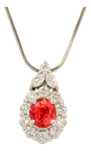 1.32 Carat Padparadscha Sapphire Diamond Platinum Halo Pendant Necklace, Gia