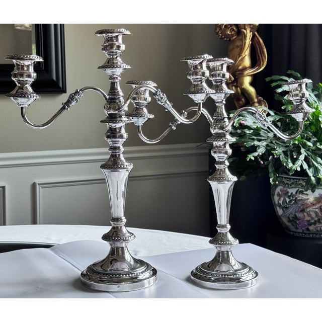 Silver MOS2026Antique Silver Plated Three Arm English Candleabras - A Pair For Sale - Image 8 of 18