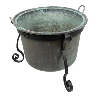 1980s Hand-Hammered Copper Planter on Wrought Iron Stand For Sale