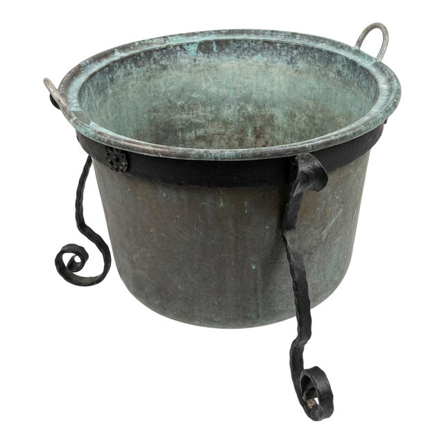 1980s Hand-Hammered Copper Planter on Wrought Iron Stand For Sale