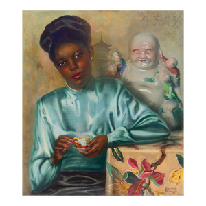 'Young Woman' by Sanchez Palacio, 1950, Mid-Century Chinoiserie Portrait, Laughing Buddha, Tea Ceremony