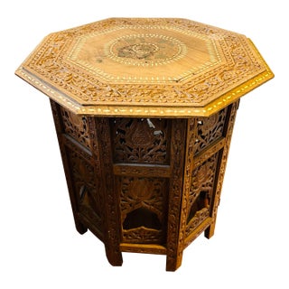 Vintage Moroccan Inlaid Wood Octagonal Side Table For Sale