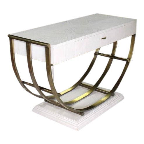 Mid Century Modern White Pickled Oak Finish Brass U Shape Base