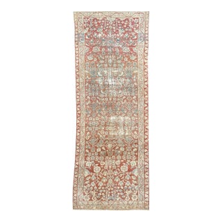 Antique Persian Mahal E Runner 4x10 | Faded Red & Floral Design For Sale