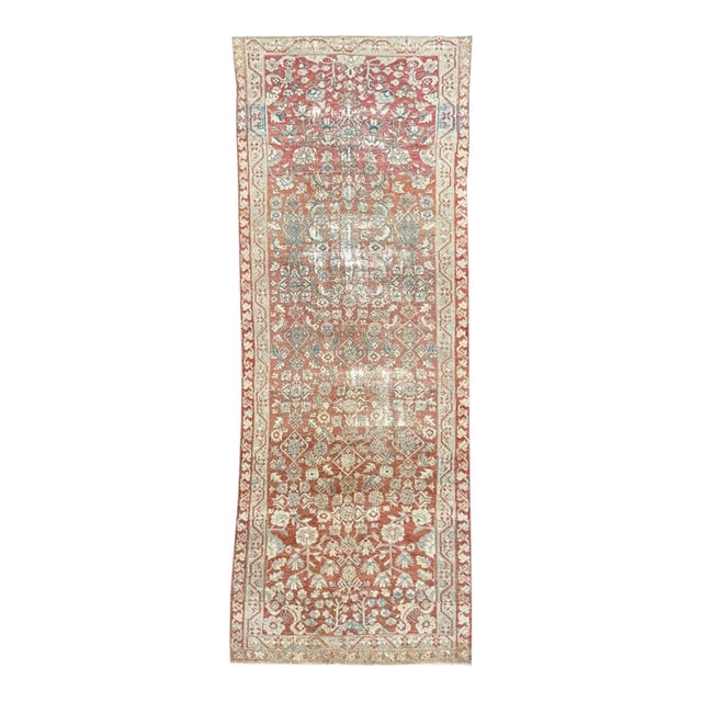 Antique Persian Mahal E Runner 4x10 | Faded Red & Floral Design For Sale