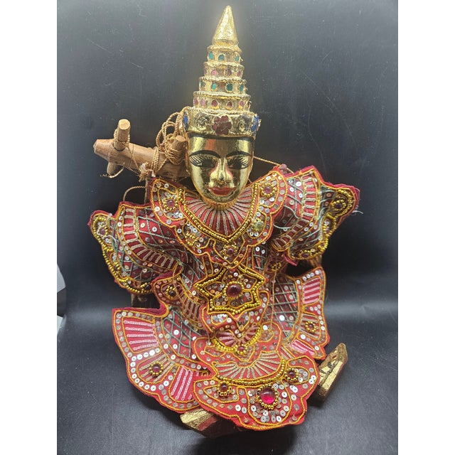 Vintage Thai Burmese Wooden Puppet, Ornate Marionette String Puppet Gold 16x12”