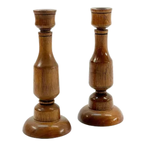Pair of Vintage Modern Hand Turned Wooden Candlesticks