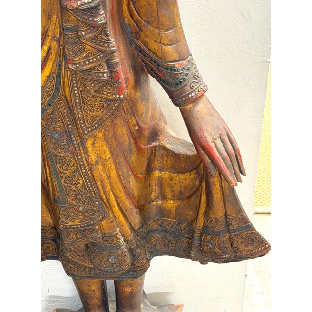 Monumental Giltwood Standing Buddha with Lotus Base, Burma, Late 19th Century For Sale - Image 16 of 18