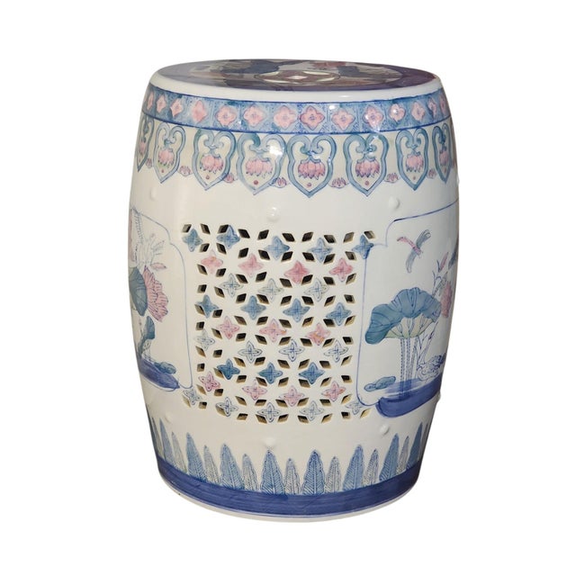 Superb pastel pink and blue mid 20th century Chinese large garden stool in excellent condition. Lotus blossom, cranes, and...
