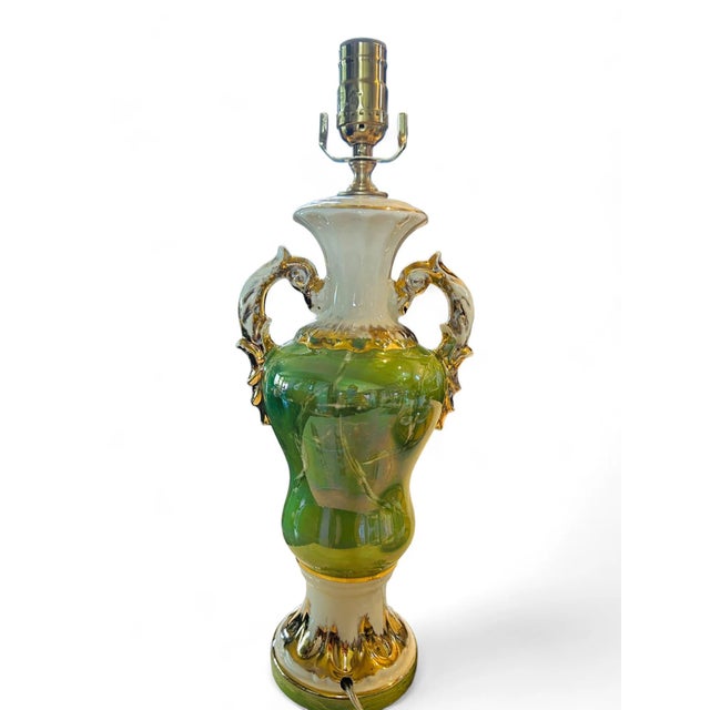 1950s Vintage Victorian Couple Motif Green Porcelain Gold Plated Table Lamp For Sale - Image 4 of 5