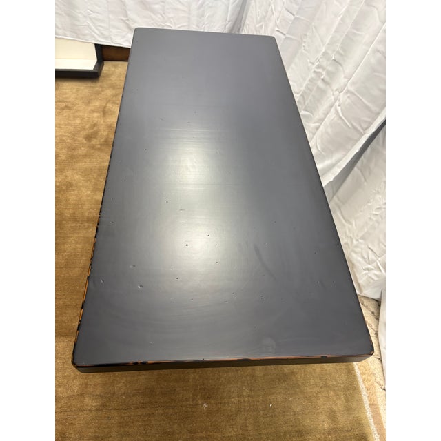 Custom Console Table Attributed to Arhaus Distressed Black Painted Top | Gold Dauphine Pedestal Base For Sale - Image 17 of 18