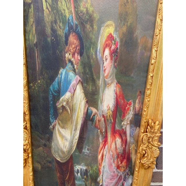 Vintage French Louis XVI Gilded Frame With Romantic Fabric Scenery Artwork For Sale - Image 9 of 16