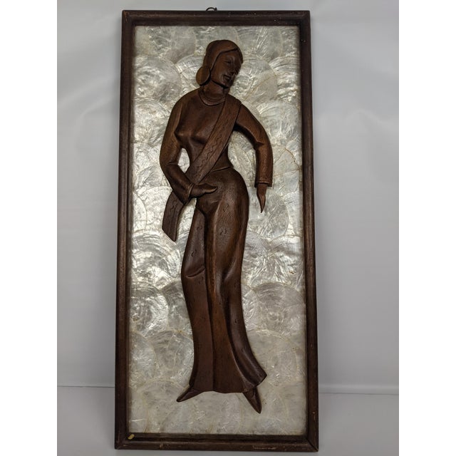 Mid-Century Modern Pair Mid-Century Modern Hand-Carved Wood Figural Relief Wall Panels on Shimmering Capiz Shell Grounds For Sale - Image 3 of 18