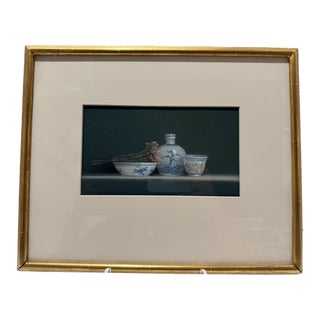 Late 20th Century Pierre Jacquelin Signed Still Life Painting With Asian Porcelain, Gilt Frame For Sale