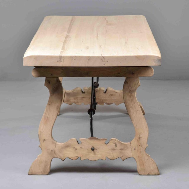 Camel Italian Bleached Oak Trestle Table With Wrought Iron Stretcher For Sale - Image 8 of 12