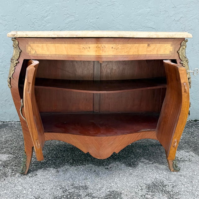 Mid 20th Century French Style Wood Inlaid Marble Top Bombe Sideboard For Sale - Image 5 of 11
