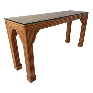 Vintage Ming-Style Pencil Reed Console Table With a Glass Top. For Sale