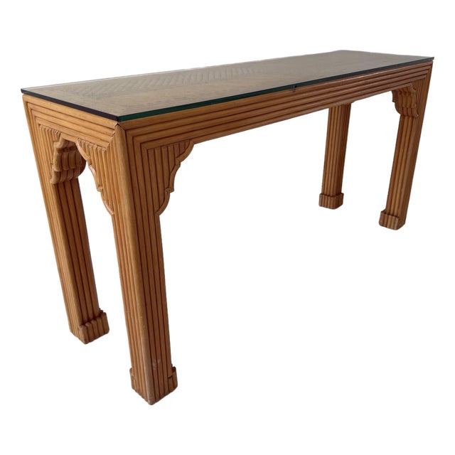 Vintage Ming-Style Pencil Reed Console Table With a Glass Top. For Sale