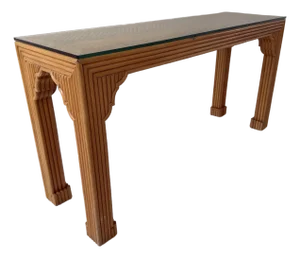 Vintage Ming-Style Pencil Reed Console Table With a Glass Top.