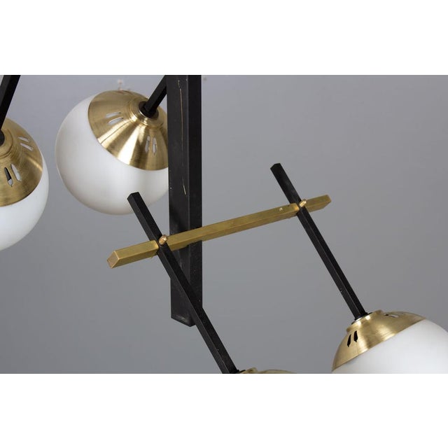 Vintage Pendant Light in Black Metal, Brass & Opaline Glass, 1950s For Sale - Image 6 of 10