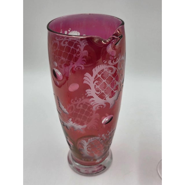 1940s Antique Edwardian Wine Cranberry Glass Engraved Etched & Pitcher - 9pcs For Sale - Image 5 of 12