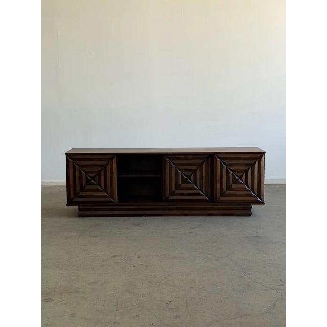 1960s Brutalist Walnut Credenza With Carved Diamond Design For Sale - Image 15 of 18