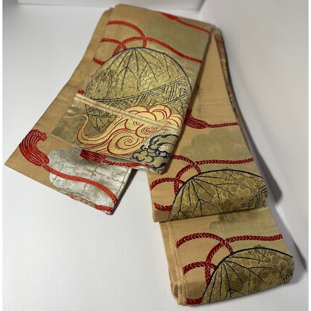 Japanese Silk Japanese Kimono Belt With Temple Lions For Sale - Image 3 of 9