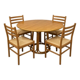 Vintage Italian Bamboo & Oak Dining Table with Beech & Rattan Chairs, 1970s, Set of 5 For Sale