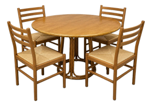 Vintage Italian Bamboo & Oak Dining Table with Beech & Rattan Chairs, 1970s, Set of 5