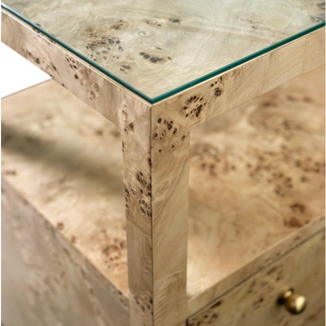 Not Yet Made - Made To Order Matthew Izzo Home Douglas Burlwood Two Drawer Open Shelf End Table With Glass Top and Polished Brass Knobs For Sale - Image 5 of 9