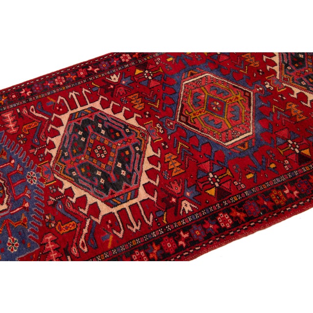 3 X 11 Handmade Vintage Persian Wool Runner in Red With TRibal Design For Sale - Image 4 of 8