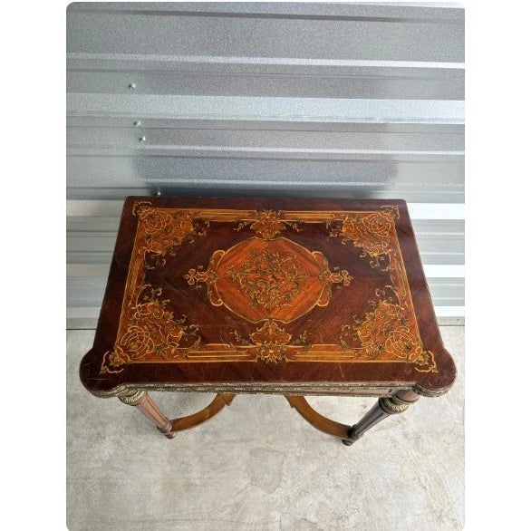 2000 - 2009 19th-Century French Louis XVI-Style Marquetry Game Table With Brass Ormolu Trim For Sale - Image 5 of 12