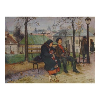 Vintage Soviet Oil Painting: Ukrainian Cityscape, People on Bench, 1953 90-122 For Sale
