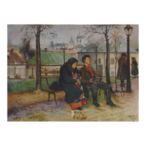 Vintage Soviet Oil Painting: Ukrainian Cityscape, People on Bench, 1953 90-122