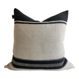 Linen and Wool Marshall Stripe Black and Natural Pillow Cover With Insert For Sale
