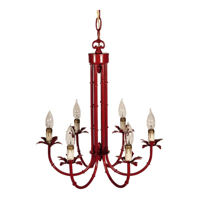 Vintage Faux Bamboo Pagoda Hollywood Regency Birdcage 6 Light Chandelier For Sale