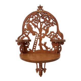 Mid-Century Wood Tree Motif Fretwork Wall Shelf For Sale