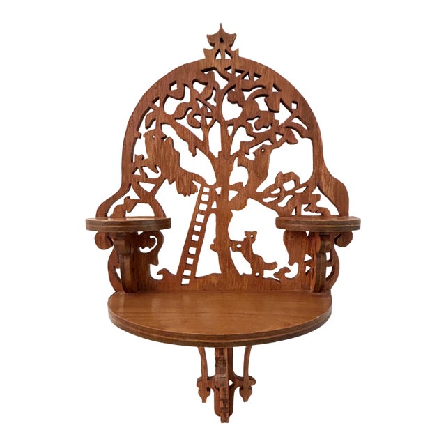 Mid-Century Wood Tree Motif Fretwork Wall Shelf For Sale