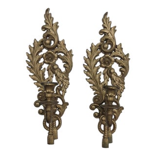 Vintage 1962 Burwood Products Co. Matched Pair Gold Rococo Wall Candle Sconces — Hollywood Regency, Made in Usa For Sale