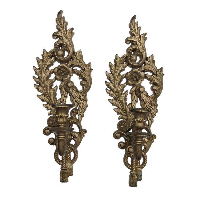 Vintage 1962 Burwood Products Co. Matched Pair Gold Rococo Wall Candle Sconces — Hollywood Regency, Made in Usa For Sale