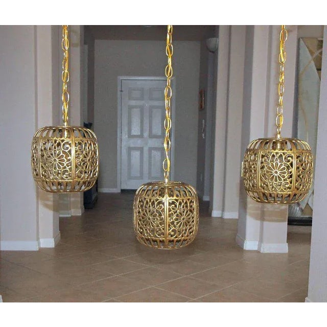 1950s Hollywood Regency Trio Pierced Brass Asian Ceiling Pendant Lights - Set of 3 For Sale - Image 4 of 12