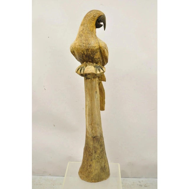 Wood Large 46" Vintage Mid Century Carved Wood Perched Parrot Bird Statue Sculpture For Sale - Image 7 of 11