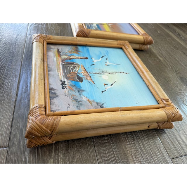 Wood Oil Coastal Paintings in Thick Bamboo Frames. Pair For Sale - Image 7 of 12