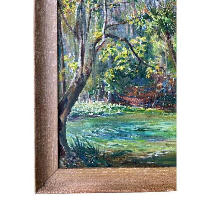 Bunny Williams Home Vintage Florida Spring Landscape Painting in the Highwaymen Style in Pickled Cerused Wood Frame, Mid-20th Century For Sale - Image 4 of 9