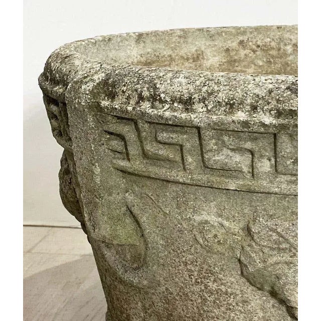 English English Garden Stone Round Planter With Greek Key Design For Sale - Image 3 of 7