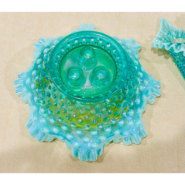 Turquoise Vintage Fenton Hobnail Opalescent Sea Green Turquoise 3 Horn Epergne For Sale - Image 8 of 10