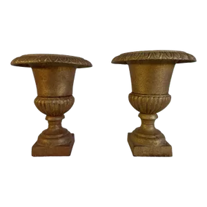Vintage Cast Iron Gold Jardiniere Urns - a Pair