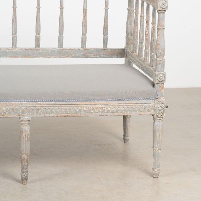 19th Century Swedish Gustavian Original Blue Gray Painted Pine Bench For Sale - Image 17 of 18