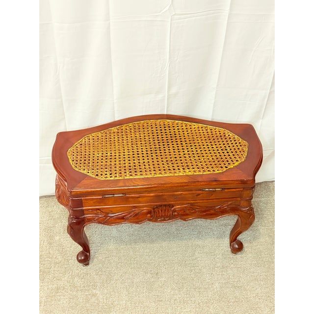 Vintage Carved Wood Storage Coffee Table With Cane Top For Sale - Image 4 of 7