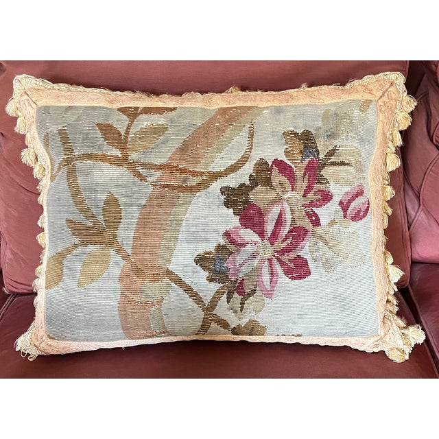 Tan Antique 18th Century French Aubusson Tapestry Pillow With Embroidered Tape and Passementerie Tassel Fringe For Sale - Image 8 of 12
